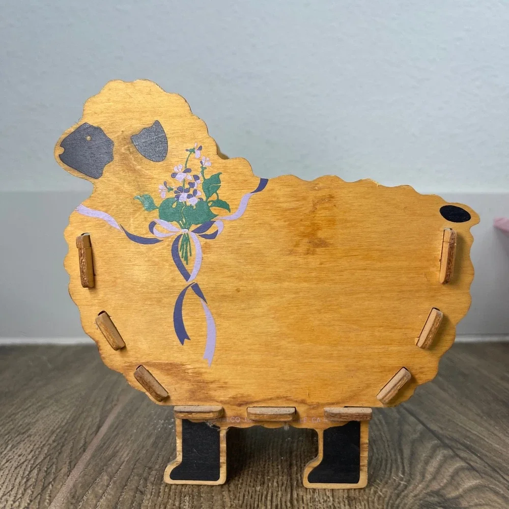 Wooden Sheep Trinket Box Holder Floral Ribbon Decoration Farmhouse Decor Cottage